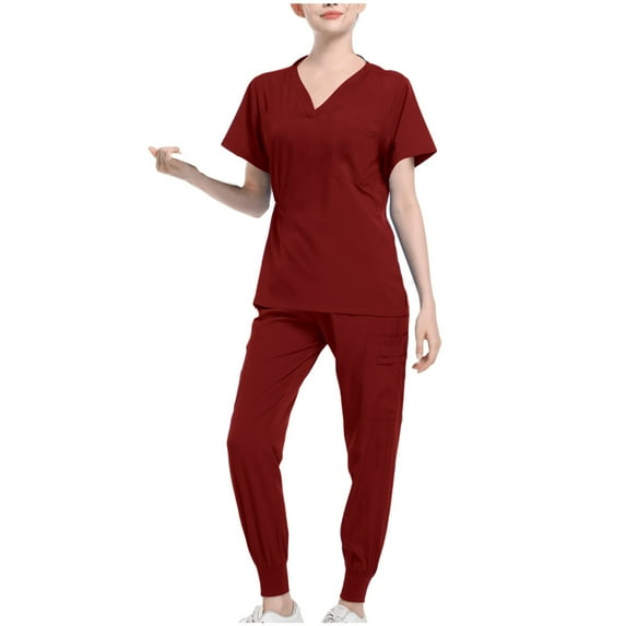 Xfvqtps Scrubs Set for Women V-Neck Pocket Solid Color Stretch Scrub Top and Elastic Waist Jogger Pants Bunched Feet Nursing Uniform Set Working Uniform Set Red