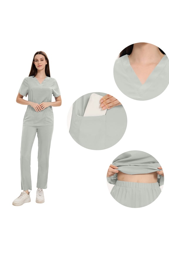 Scrubs Set for Women V-Neck Short Sleeve Stretch Scrub Top and Elastic Waist Jogger Pants Solid Color Pocket Anti Wrinkle Soft Nursing Uniform Set Working Uniform Set Gray