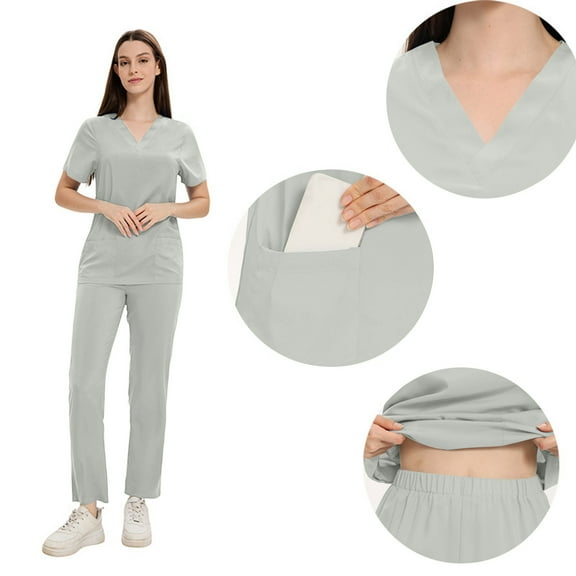 Xfvqtps Scrubs Set for Women V-Neck Short Sleeve Stretch Scrub Top and Elastic Waist Jogger Pants Solid Color Pocket Anti Wrinkle Soft Nursing Uniform Set Working Uniform Set Gray