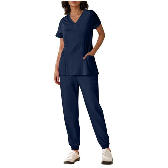 Xfvqtps Scrubs Set for Women V-Neck Snap Button Pocket Solid Color Stretch Scrub Top and Elastic Waist Jogger Pants Bunched Feet Nursing Uniform Set Working Uniform Set Dark Blue