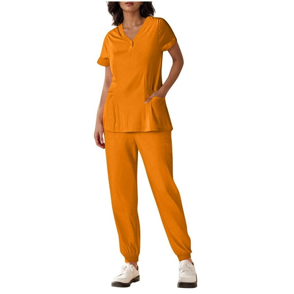Xfvqtps Scrubs Set for Women V-Neck Snap Button Pocket Solid Color Stretch Scrub Top and Elastic Waist Jogger Pants Bunched Feet Nursing Uniform Set Working Uniform Set Yellow