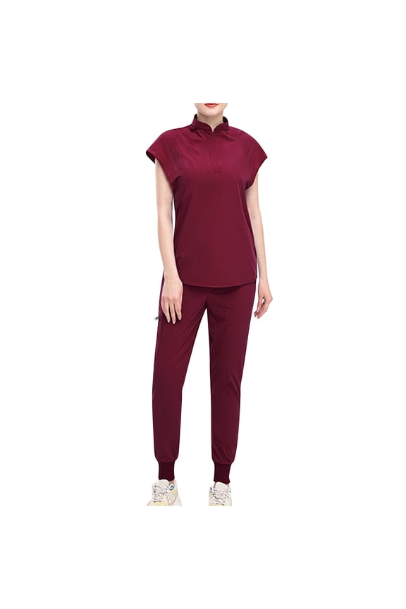 Scrubs Set for Women V-Neck Stretch Scrub Top and Drawstring Jogger Pants with 5 Pockets Anti Wrinkle Nursing Uniform Set Button Short Sleeve Long Pants Work Suit Burgundy