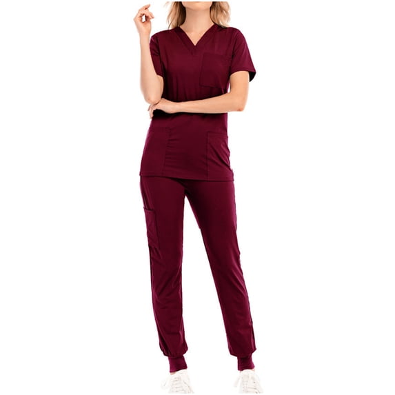 Xfvqtps Scrubs Set for Women V-Neck Stretch Scrub Top and Drawstring Jogger Pants with 6 Pockets Anti Wrinkle Nursing Uniform Set Solid Color Short Sleeve Long Pants Work Suit Burgundy