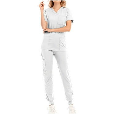 Xfvqtps Scrubs Set for Women V-Neck Stretch Scrub Top and Drawstring Jogger Pants with 6 Pockets Anti Wrinkle Soft Nursing Uniform Set Solid Color Short Sleeve Long Pants Work Suit White