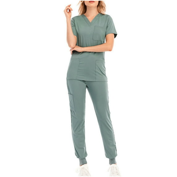 Xfvqtps Scrubs Set for Women V-Neck Stretch Scrub Top and Drawstring Jogger Pants with 6 Pockets Anti Wrinkle Soft Nursing Uniform Set Solid Color Short Sleeve Long Pants Work Suit Green