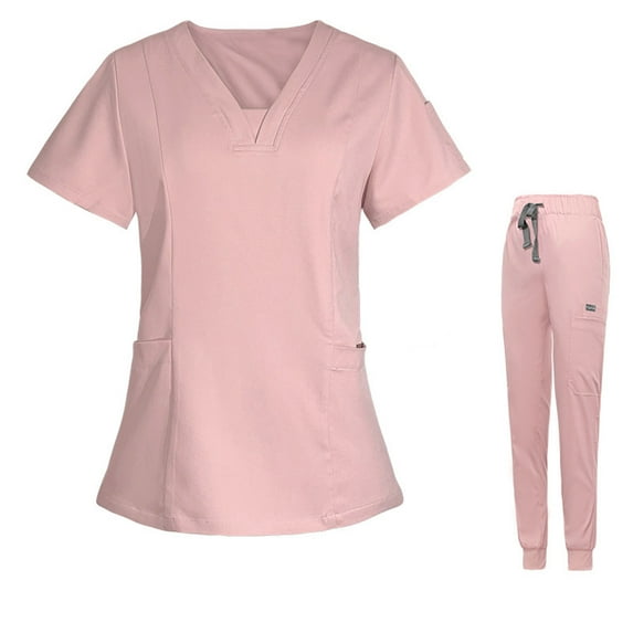 Xfvqtps Scrubs Set for Women V-Neck Stretch Scrub Top and Drawstring Jogger Pants with 7 Pockets Anti Wrinkle Soft Nursing Uniform Set Short Sleeve Protective Work Clothes Shirt Set Pink