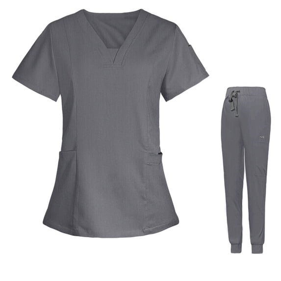 Xfvqtps Scrubs Set for Women V-Neck Stretch Scrub Top and Drawstring Jogger Pants with 7 Pockets Anti Wrinkle Soft Nursing Uniform Set Short Sleeve Protective Work Clothes Shirt Set Gray