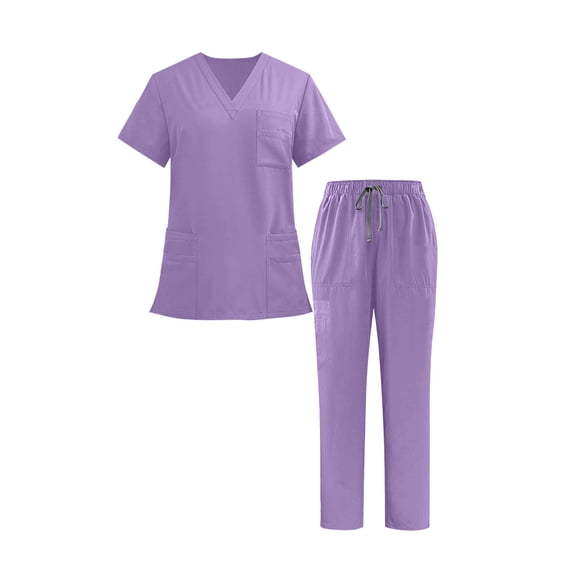 Xfvqtps Scrubs Set for Women V-Neck Stretch Scrub Top and Elastic Waist Jogger Pants with Multi-Pocket Anti Wrinkle Soft Nursing Uniform Set Short Sleeve Working Uniform Set Purple