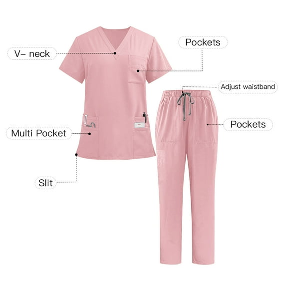 Xfvqtps Scrubs Set for Women V-Neck Stretch Scrub Top and Elastic Waist Jogger Pants with Multi-Pocket Anti Wrinkle Soft Nursing Uniform Set Short Sleeve Working Uniform Set Pink