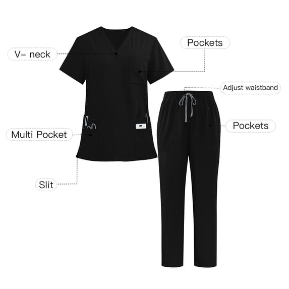 Xfvqtps Scrubs Set for Women V-Neck Stretch Scrub Top and Elastic Waist Jogger Pants with Multi-Pocket Anti Wrinkle Soft Nursing Uniform Set Short Sleeve Working Uniform Set Black