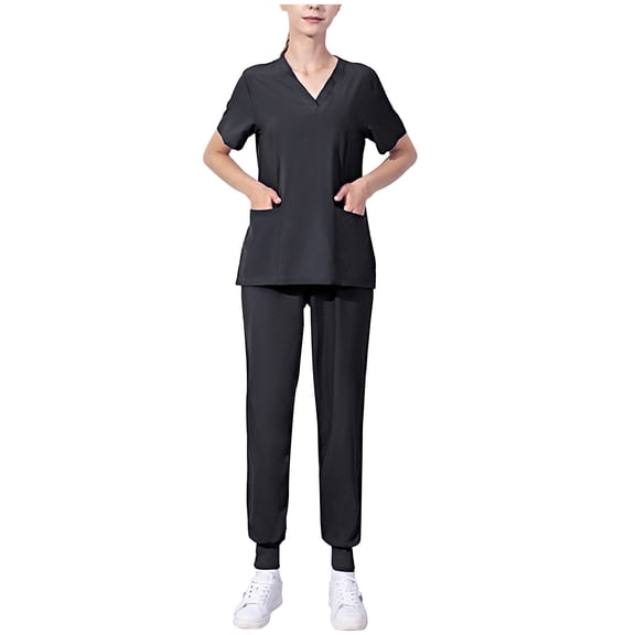 Xfvqtps Scrubs Set for Women V-Neck Stretch Scrub Top and Elastic Waist Jogger Pants with Multi Pockets Anti Wrinkle Soft Nursing Uniform Set Short Sleeve Working Uniform Set Black