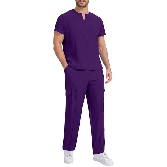Xfvqtps Scrubs Set for Men Short Sleeved V-Neck Scrub Top and Elastic Waist Multi-Pocket Jogger Pants Nursing Uniform Set