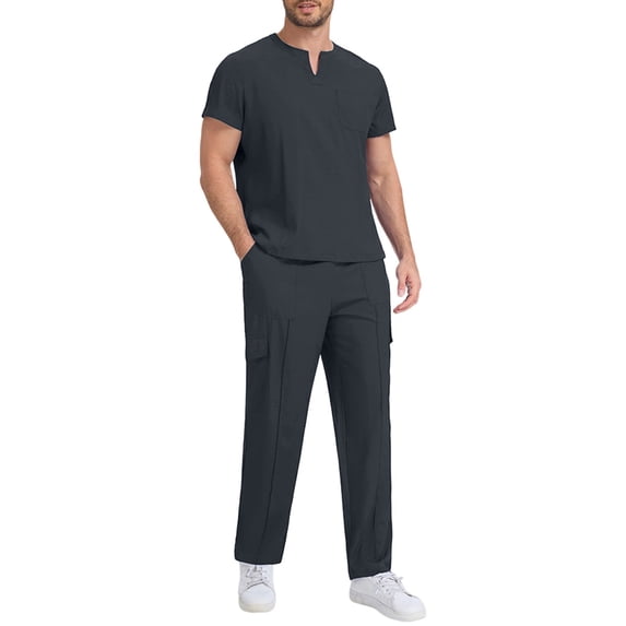 Xfvqtps Scrubs Set for Men Short Sleeved V-Neck Scrub Top and Elastic Waist Multi-Pocket Jogger Pants Nursing Uniform Set