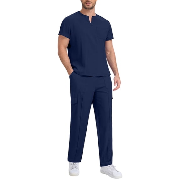 Xfvqtps Scrubs Set for Men Short Sleeved V-Neck Scrub Top and Elastic Waist Multi-Pocket Jogger Pants Nursing Uniform Set