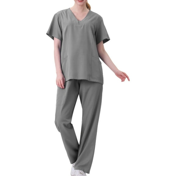 Xfvqtps Scrubs Set for Women V-Neck Pocket Solid Color Stretch Scrub Top and Elastic Waist Jogger Pants Nursing Uniform Set Working Uniform Set Gray