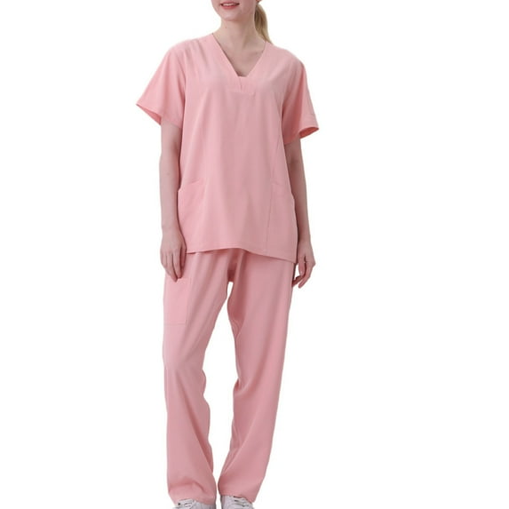Xfvqtps Scrubs Set for Women V-Neck Pocket Solid Color Stretch Scrub Top and Elastic Waist Jogger Pants Nursing Uniform Set Working Uniform Set Pink
