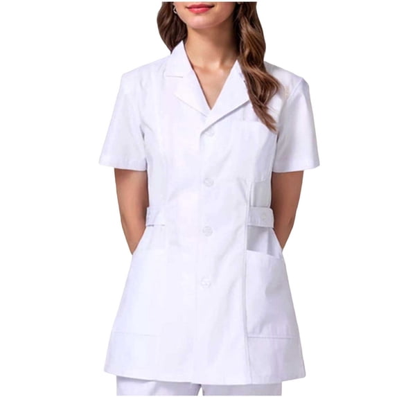Xfvqtps Womens Scrubs Tops with Pockets Short Sleeve Collared Button Down Nursing Uniform Tunic Work Tops
