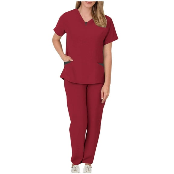 Xfvqtps Scrubs for Women Scrub Tops Drawstring Jogger Pants Set Solid Color Drawstring Pants Protective Suit Short Sleeve V-Neck Shirts with Pocket Burgundy
