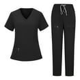 thumbnail image 1 of Xfvqtps Scrubs for Women Scrub Tops Drawstring Scrub Pants Set Solid Color Loose Drawstring Pants with Pocket Zipper Caregiver Short Sleeve V-Neck Blouses Nursing Uniform Set Black, 1 of 5
