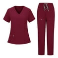 thumbnail image 1 of Xfvqtps Scrubs for Women Scrub Tops Drawstring Scrub Pants Set Solid Color Loose Drawstring Pants with Pocket Zipper Caregiver Short Sleeve V-Neck Blouses Nursing Uniform Set Burgundy, 1 of 5
