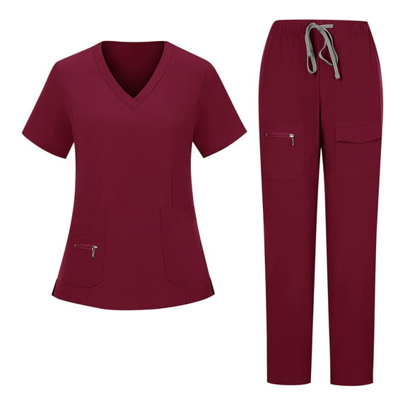 Xfvqtps Scrubs for Women Scrub Tops Drawstring Scrub Pants Set Solid Color Loose Drawstring Pants with Pocket Zipper Caregiver Short Sleeve V-Neck Blouses Nursing Uniform Set Burgundy