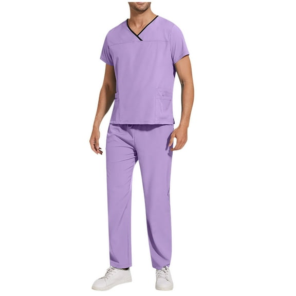 Xfvqtps Scrubs for Men Scrub Tops Drawstring Scrub Pants Set Solid Color V-neck Short Sleeve Shirt Elastic Waist Pants with Pocket Purple
