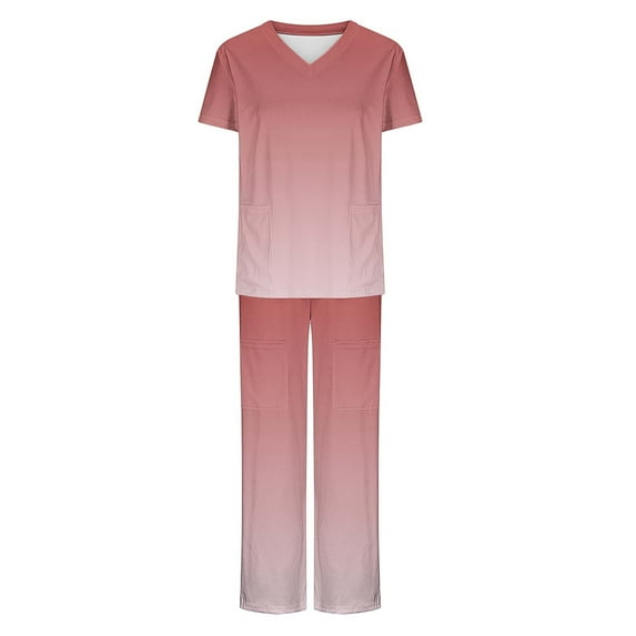 Xfvqtps Scrubs for Women Gradient Scrub Tops Drawstring Scrub Pants Set Solid Color Short Sleeve V-Neck T-shirt Long Working Pants Suit Burgundy