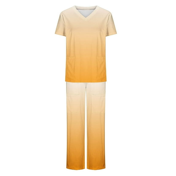 Xfvqtps Scrubs for Women Gradient Scrub Tops Drawstring Scrub Pants Set Solid Color Short Sleeve V-Neck T-shirt Long Working Pants Suit Yellow