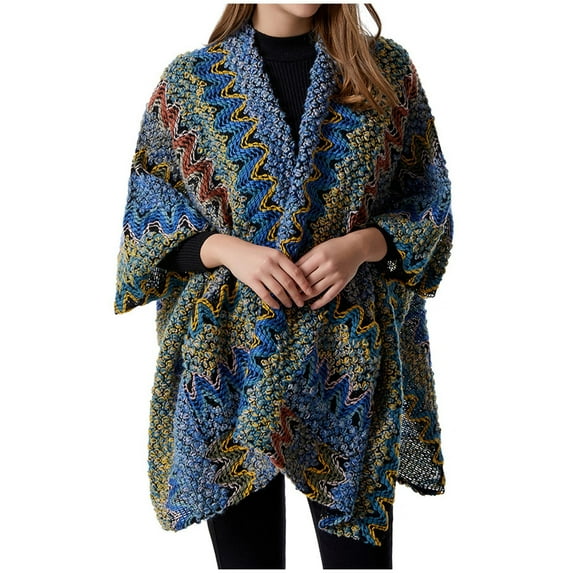 Xfvqtps Shawl Wrap for Women Mixed Color Hollow Out Bohemian Style Casual Travel Scarf Wrap Cape Fashion Shoulder Tops Fall Winter Shawl Blue