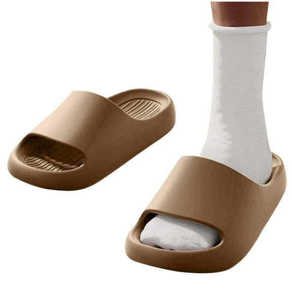 Xfvqtps Shower Shoes for Womens Thick Sole Stripe Solid Color Non Slip Soft Cushioned House Bathroom EVA Slides Slippers Khaki