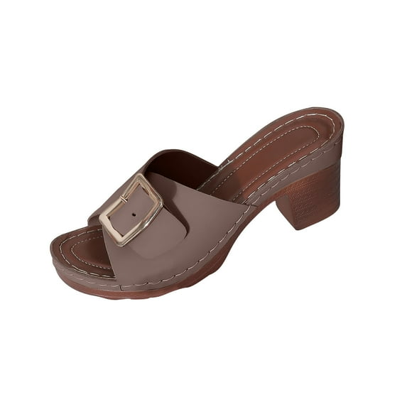 Xfvqtps Slide Sandals Women Chunky Block Mid Heel Buckle Decoration Open Toe Soft Sole Non Slip Breathable Summer Beach Sandals Gray