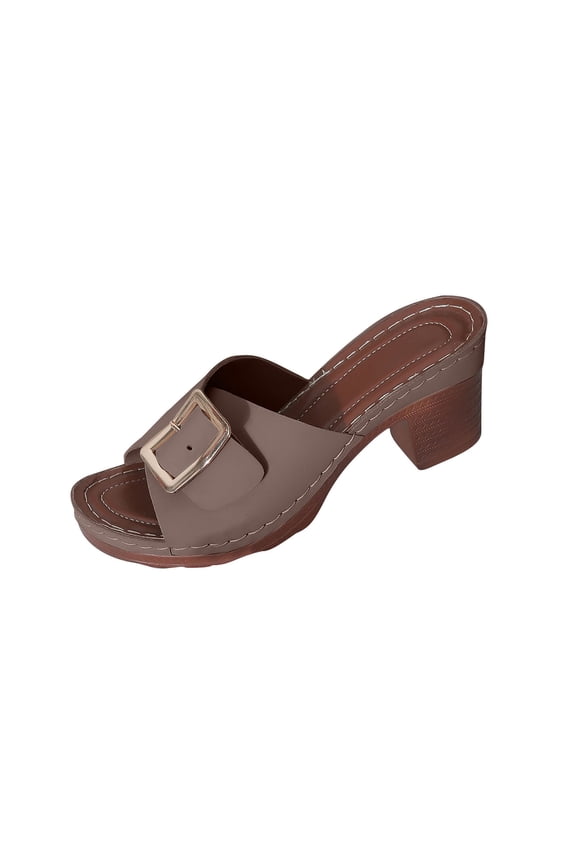 Slide Sandals Women Chunky Block Mid Heel Buckle Decoration Open Toe Soft Sole Non Slip Breathable Summer Beach Sandals Gray