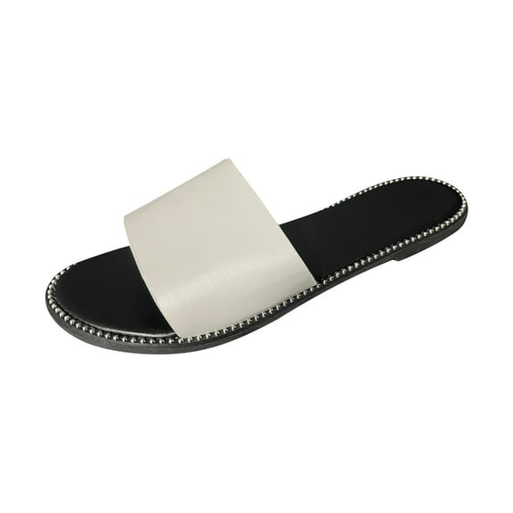 Xfvqtps Slide Sandals Women Flat Open Toe Rhinestone Edge Sparkling Non Slip Breathable Lightweight Summer Beach Sandals White