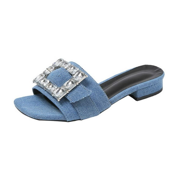 Xfvqtps Slide Sandals Women Low Heel Square Rhinestone Decoration Open Square Toe Non Slip Breathable Summer Beach Sandals Blue