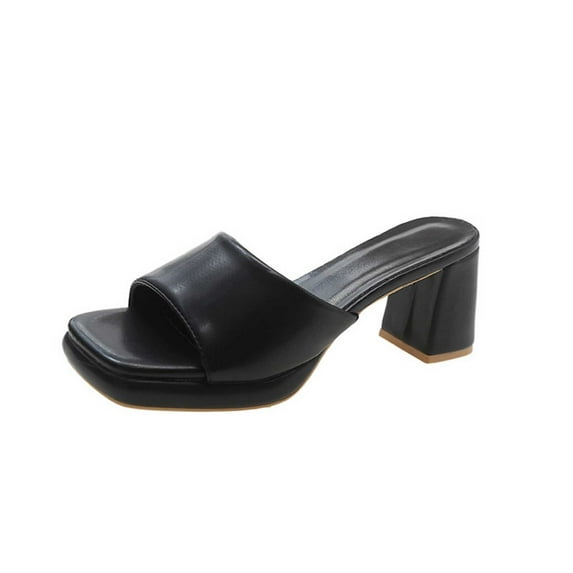 Xfvqtps Slide Sandals Women Chunky Block High Heels Open Square Toe Leather Non Slip Breathable Lightweight Summer Beach Heeled Sandals Black
