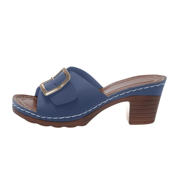Xfvqtps Slide Sandals Women Flatform Chunky Block High Heels Peep Toe Leather Buckle Decor Non Slip Breathable Summer Beach Heeled Sandals Blue