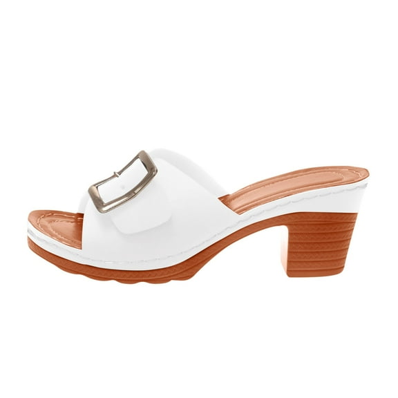 Xfvqtps Slide Sandals Women Flatform Chunky Block High Heels Peep Toe Leather Buckle Decor Non Slip Breathable Summer Beach Heeled Sandals White