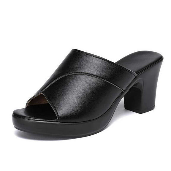 Xfvqtps Slide Sandals Women Chunky Block High Heels Peep Toe Leather Non Slip Breathable Lightweight Summer Beach Heeled Sandals Black