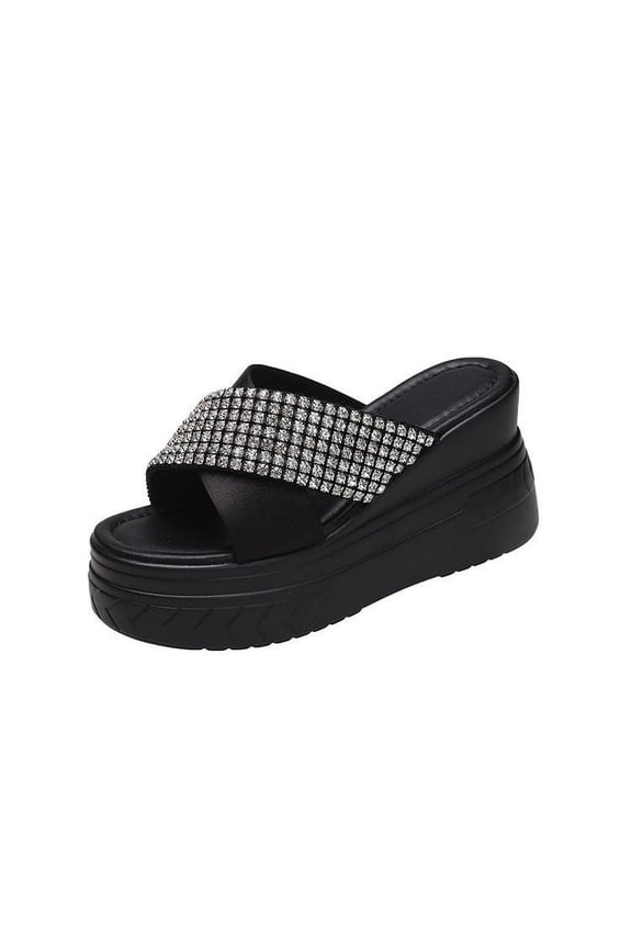 Slide Sandals Women Flatform Wedge Cross Straps Rhinestone Sparkling Open Toe Non Slip Breathable Summer Beach Sandals Black