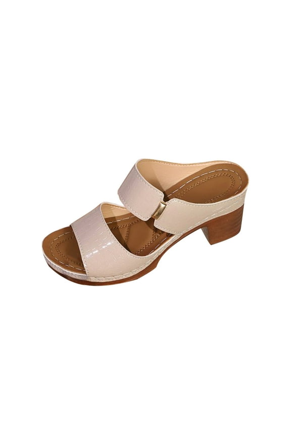 Slide Sandals for Women Block Chunky Heel Double Straps Stone Embossing Open Toe Leather High Heels Beige