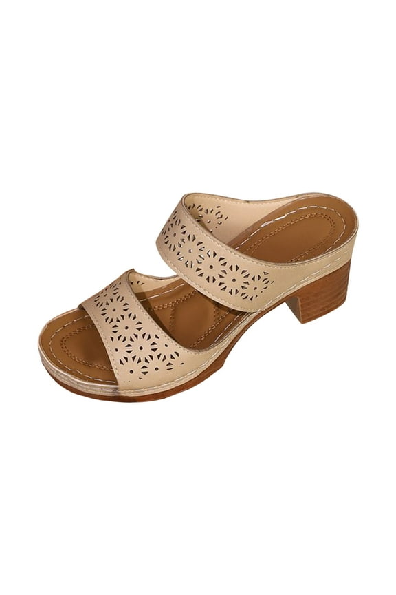 Slide Sandals for Women Chunky Block Heel Open Toe Double Straps Hollow out Summer Heeled Sandals Beige