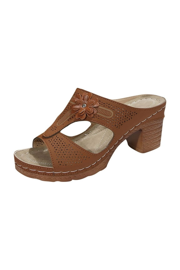 Slide Sandals for Women Chunky Block Heel Open Toe Flower Decor Hollow out Side Cutout Summer Heeled Sandals Brown