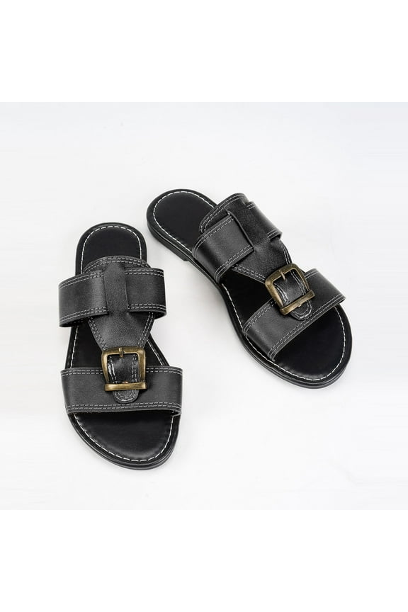 Slide Sandals for Women Flat Buckle Decor Side Cutout Retro Leather Non Slip Outdoor Summer Sandals Black