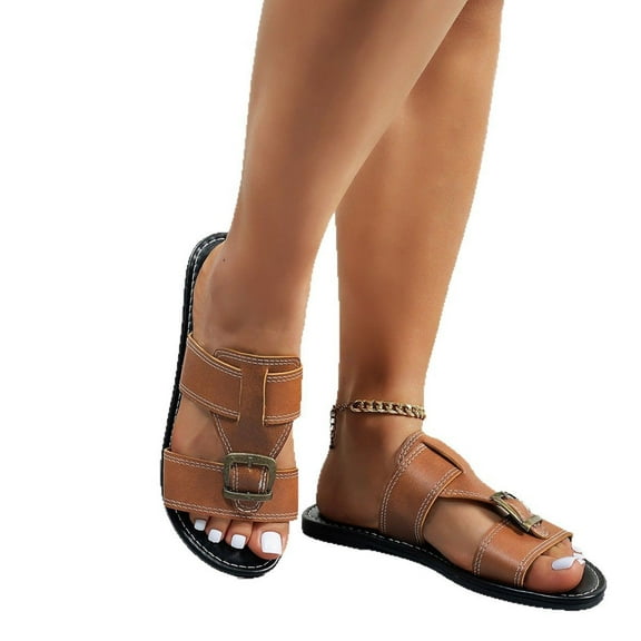 Xfvqtps Slide Sandals for Women Flat Buckle Decor Side Cutout Retro Leather Non Slip Outdoor Summer Sandals Brown