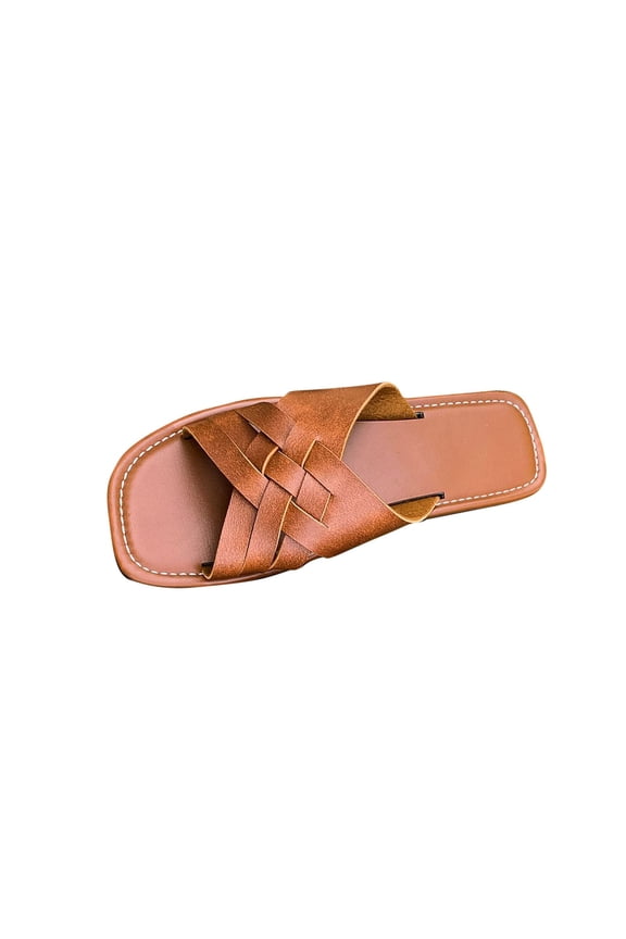 Slide Sandals for Women Flat Cross Straps Open Square Toe Leather Non Slip Beach Summer Sandals Brown