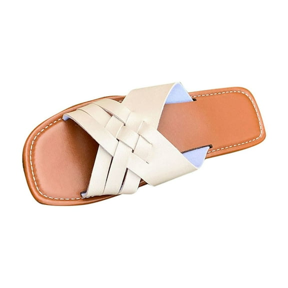 Xfvqtps Slide Sandals for Women Flat Cross Straps Open Square Toe Leather Non Slip Beach Summer Sandals White