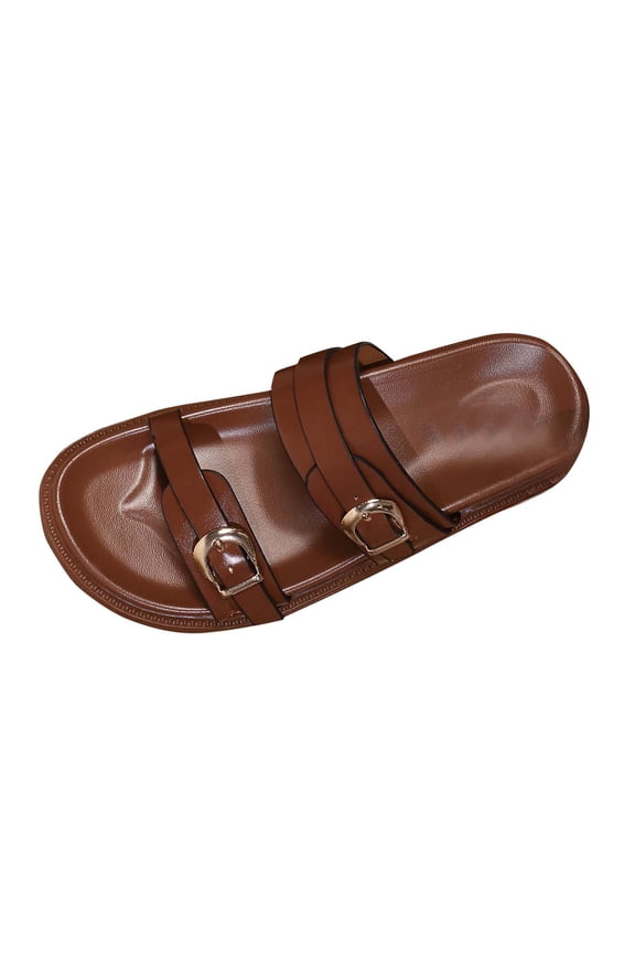 Slide Sandals for Women Flat Double Buckle Straps Open Toe Thick Sole Leather Beach Summer Sandals Brown
