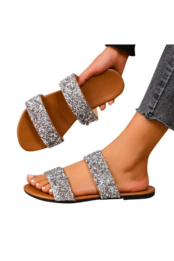 Slide Sandals for Women Flat Double Straps Sequin Open Toe Non Slip Beach Summer Slides Slippers Brown