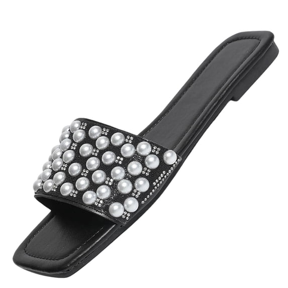 Xfvqtps Slide Sandals for Women Flat Pearl Embellished Slip on Slippers Faux Leather Casual Outdoor Spring Summer Shoes