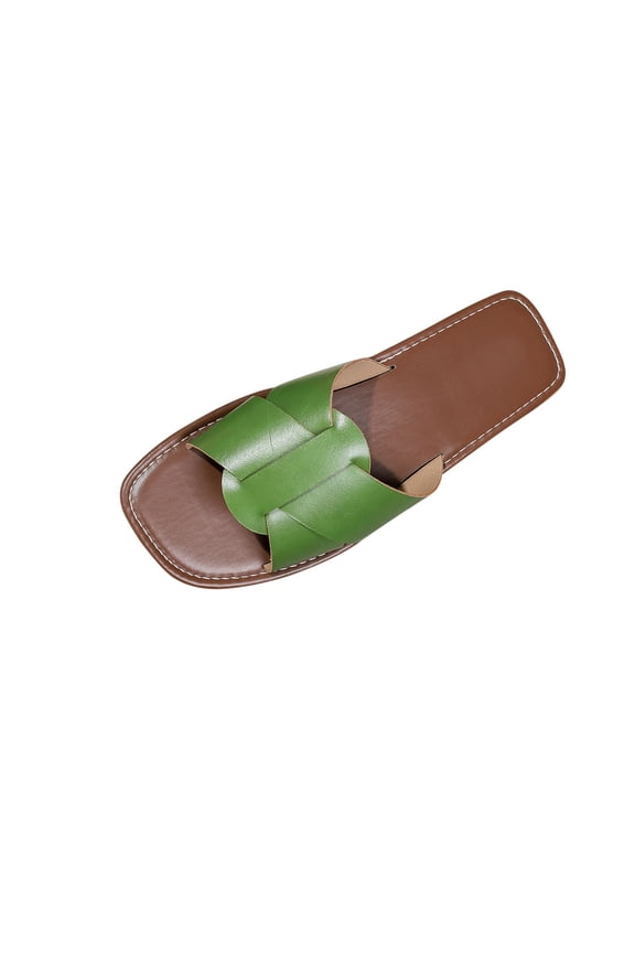 Xfvqtps Slide Sandals for Women Flat Sole Cross Straps Open Square Toe Leather Non Slip Beach Sandals Green